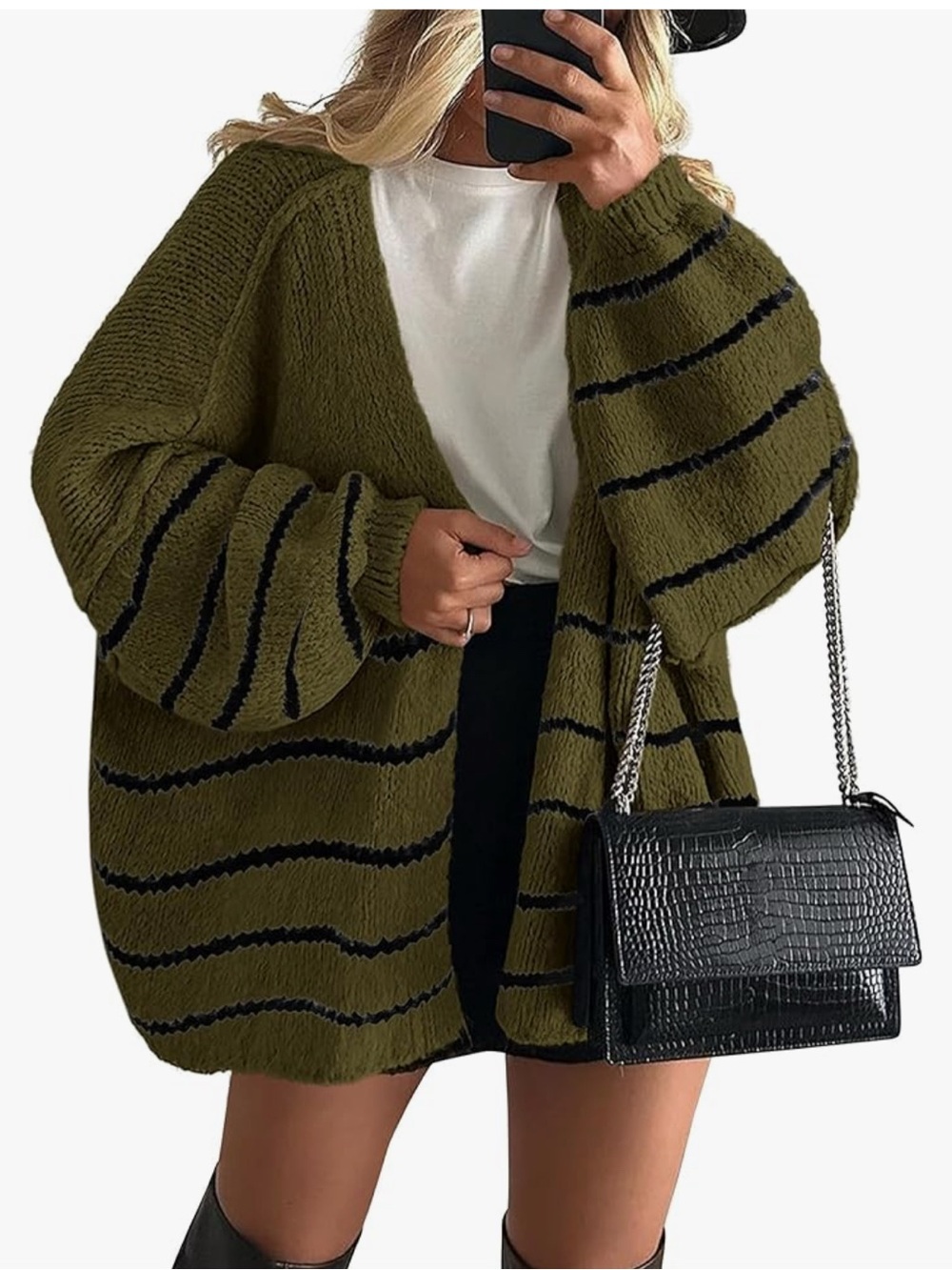 LIKE NEW PRETTYGARDEN Womens Oversized Cardigan Sweater Striped Army Green M